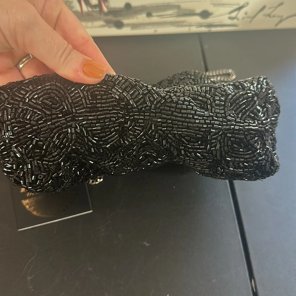 From India to you black beaded clutch with silver chain for crossbody